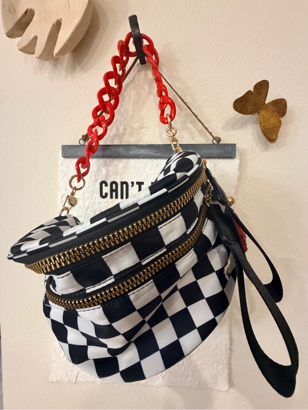 Checkerboard Quilted Crossbody Bag with Red Chain Handle